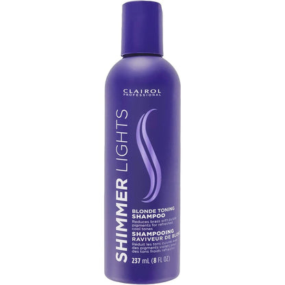 Clairol Professional Shimmer Lights Purple Shampoo front view bottle for blonde and silver hair