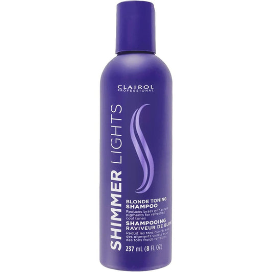 Clairol Professional Shimmer Lights Purple Shampoo front view bottle for blonde and silver hair