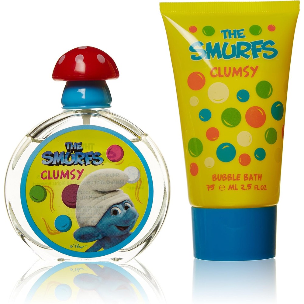 The Smurfs First American Brands Clumsy children gift set packaging front view featuring mushroom tin container