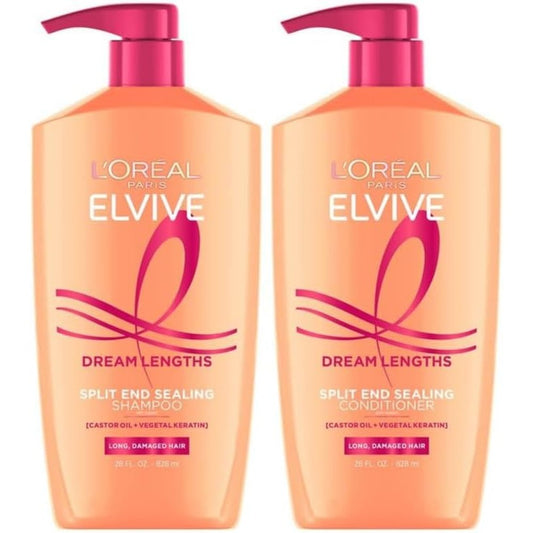 L'Oreal Paris Elvive Dream Lengths Shampoo and Conditioner front view for hair repair