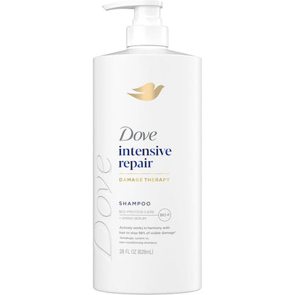 Dove Intensive Repair Shampoo front view of 28 fluid ounce pump bottle for damaged hair therapy.