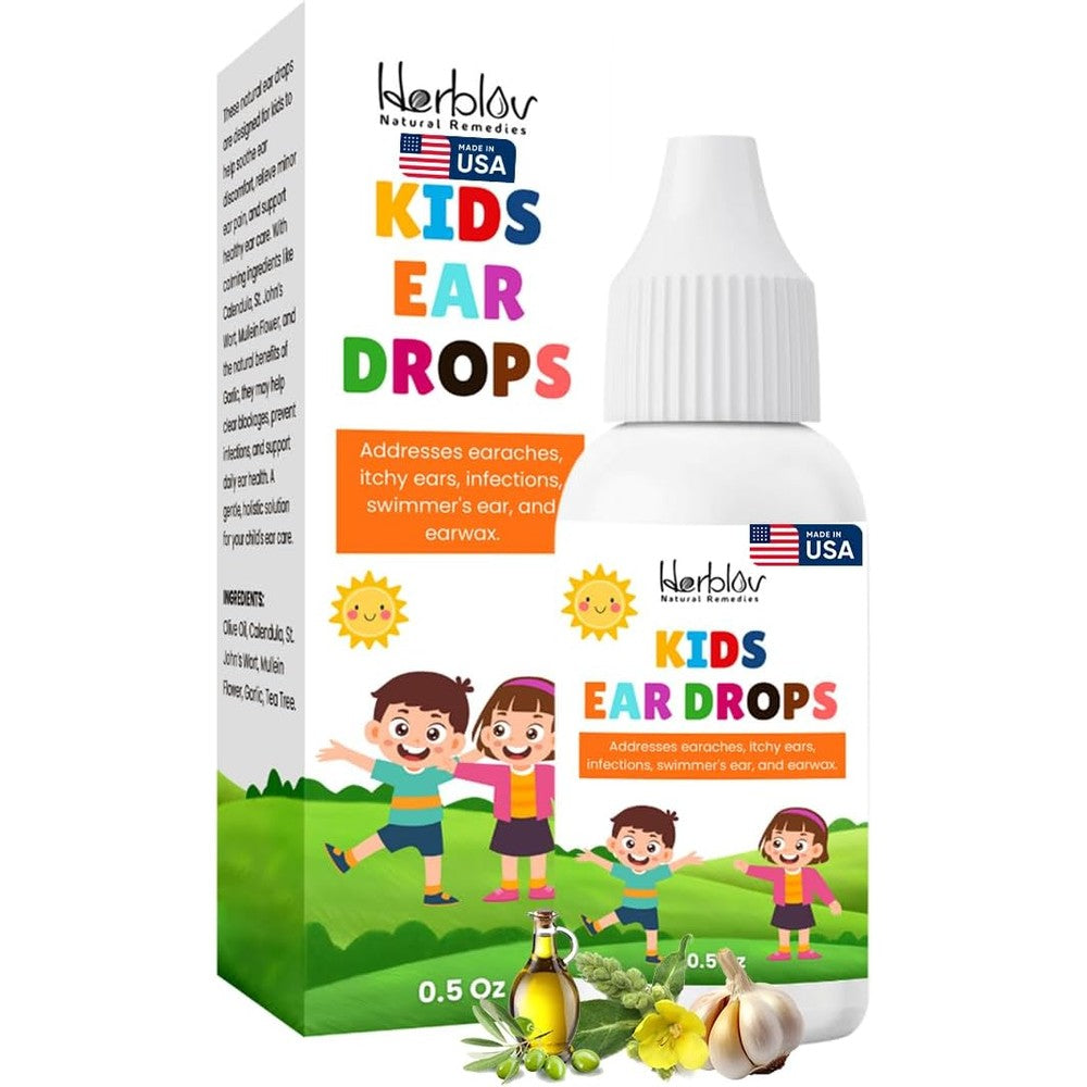 Herblov Natural Ear Drops for Kids front view organic ear oil bottle