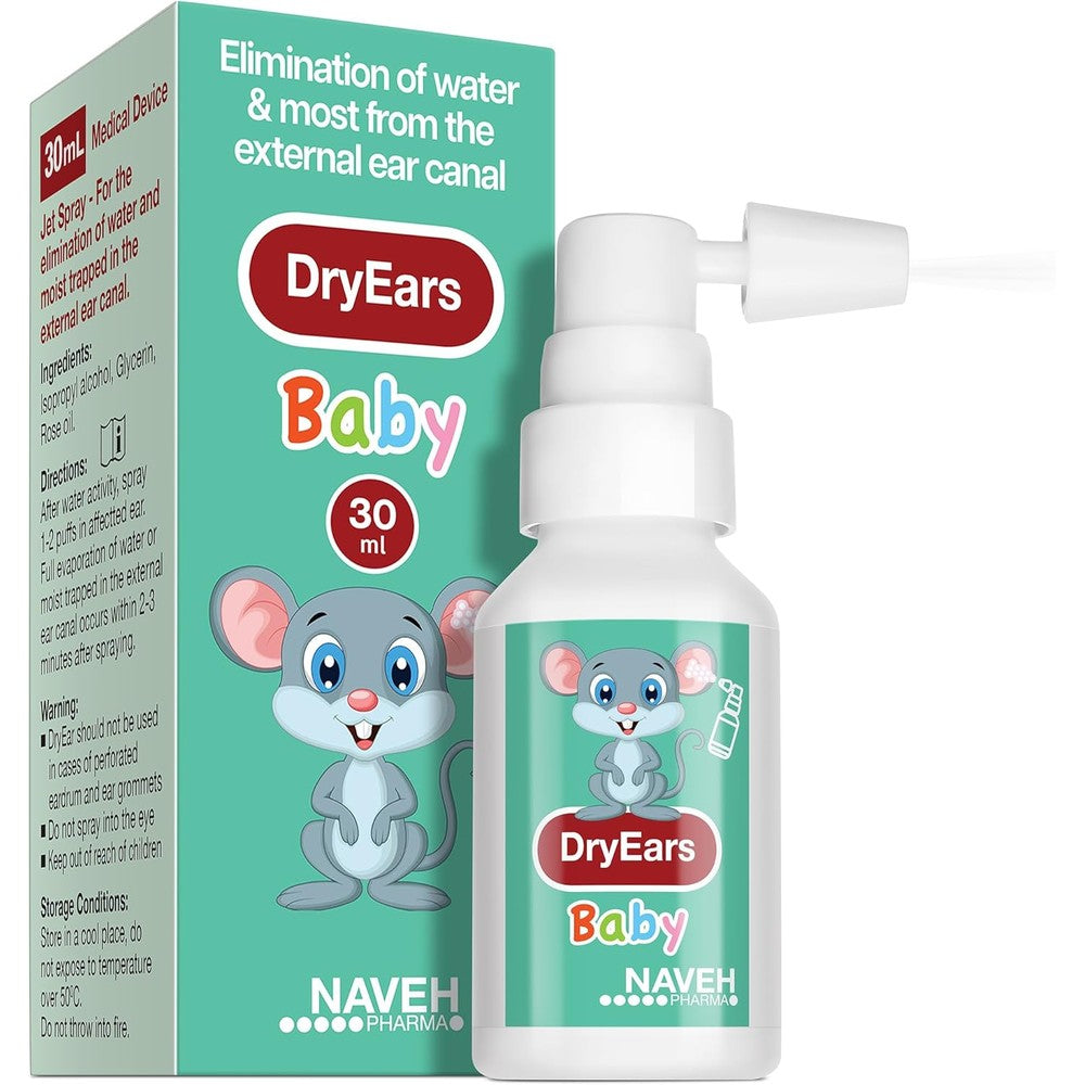 Naveh Pharma Dry Ears Baby front view packaging and bottle