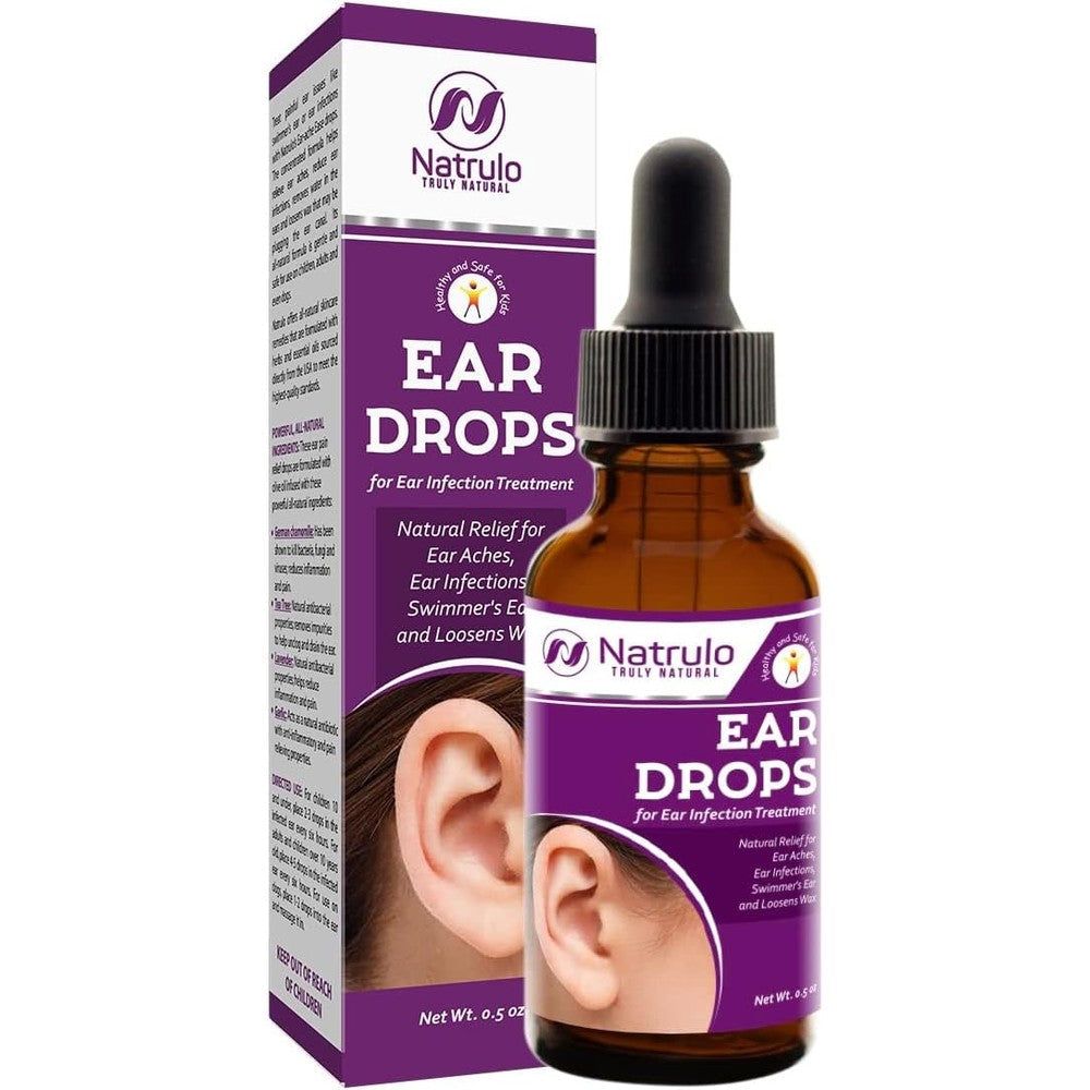 Natrulo natural organic ear drops front view packaging and bottle