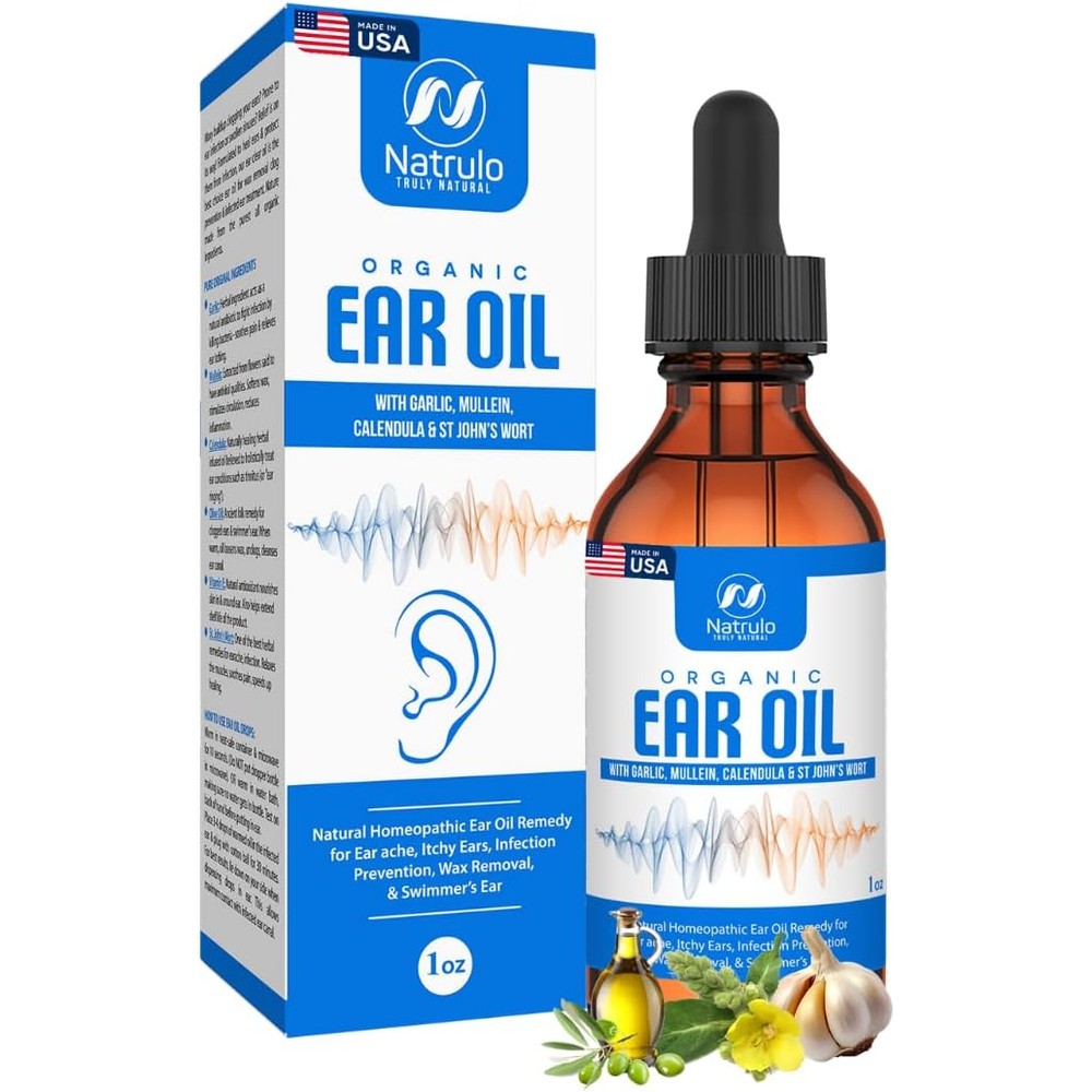 Natrulo Organic Ear Oil bottle front view with dropper