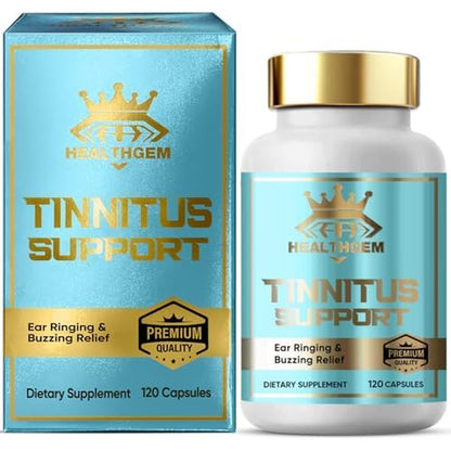 Healthgem Tinnitus Relief front view 120 capsules bottle for ear ringing support.