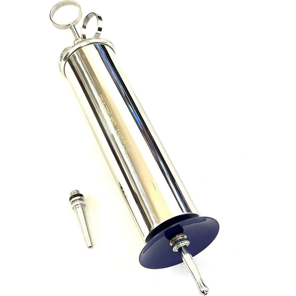 CynaMed Ear Wax Removal Syringe 8 Ounce front view chrome metal irrigation tool.
