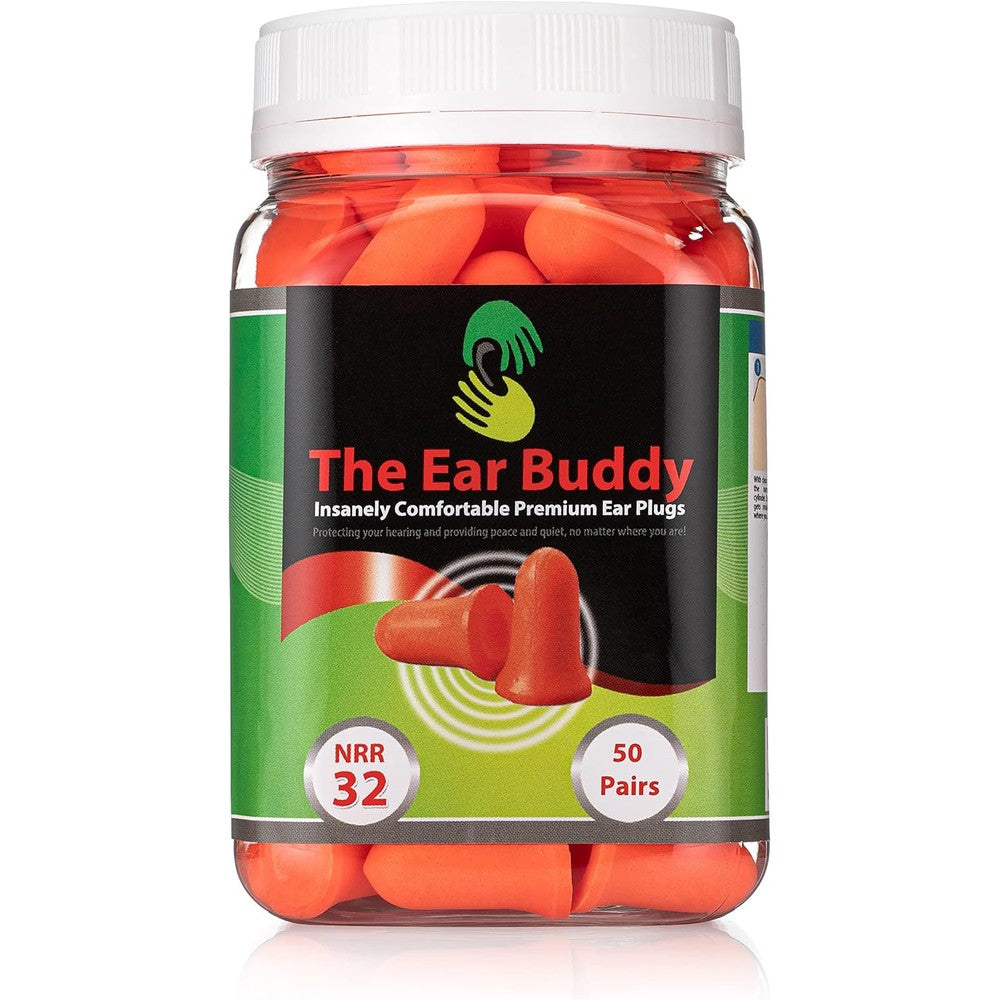The Ear Buddy Premium Soft Foam Ear Plugs 50 pair jar front view for noise reduction.