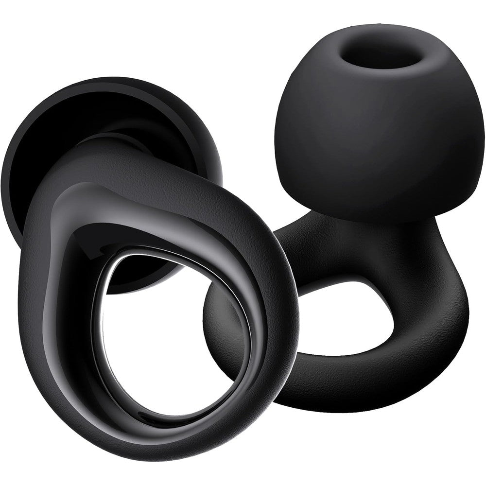 QWH reusable silicone ear plugs front view showing the sleek black ring design for noise cancellation.