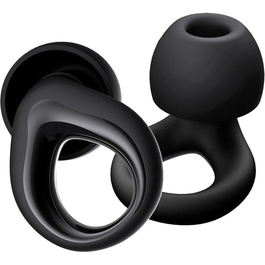 QWH reusable silicone ear plugs front view showing the sleek black ring design for noise cancellation.