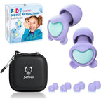 Softvox kids noise reduction ear plugs front view showing violet and green silicone loops