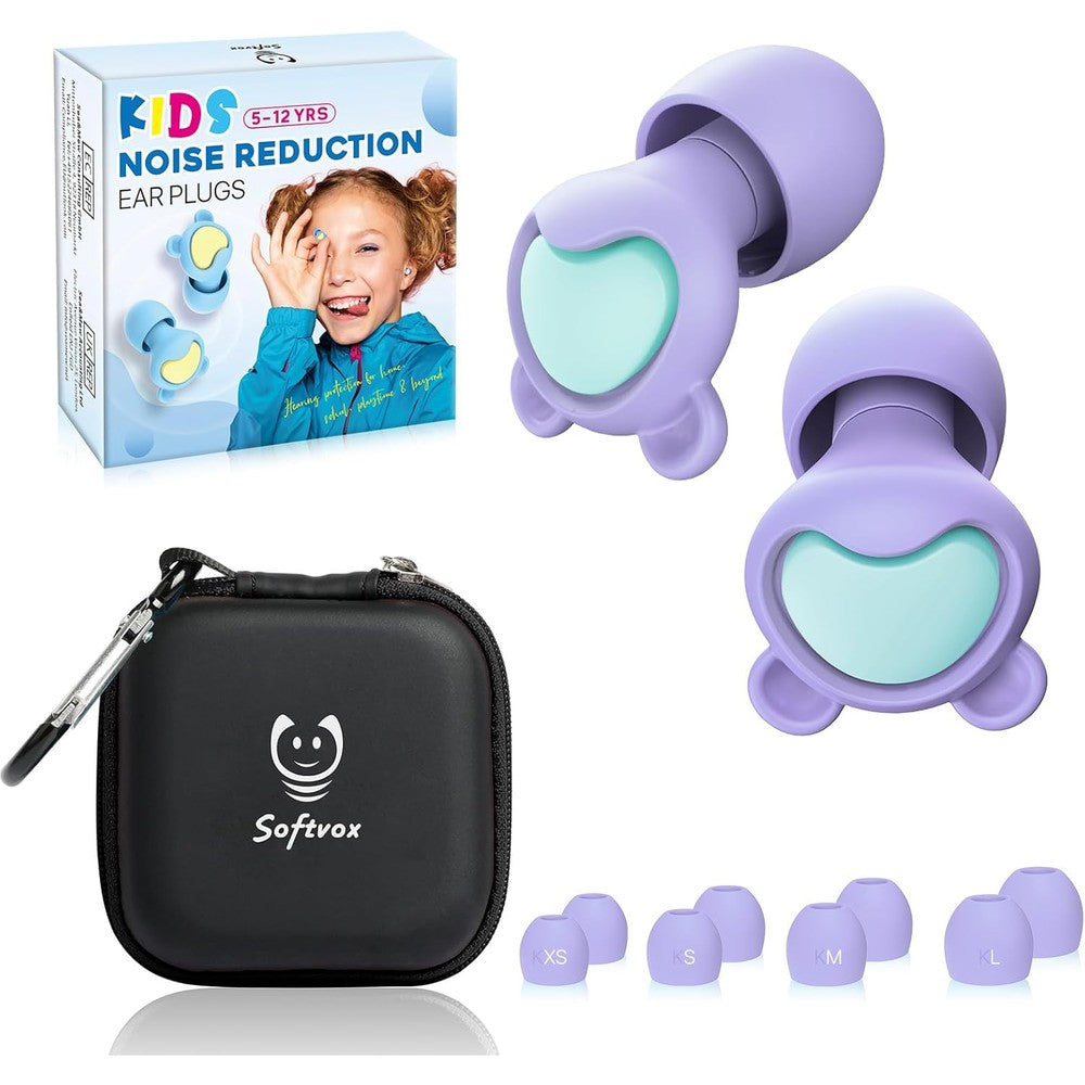 Softvox kids noise reduction ear plugs front view showing violet and green silicone loops
