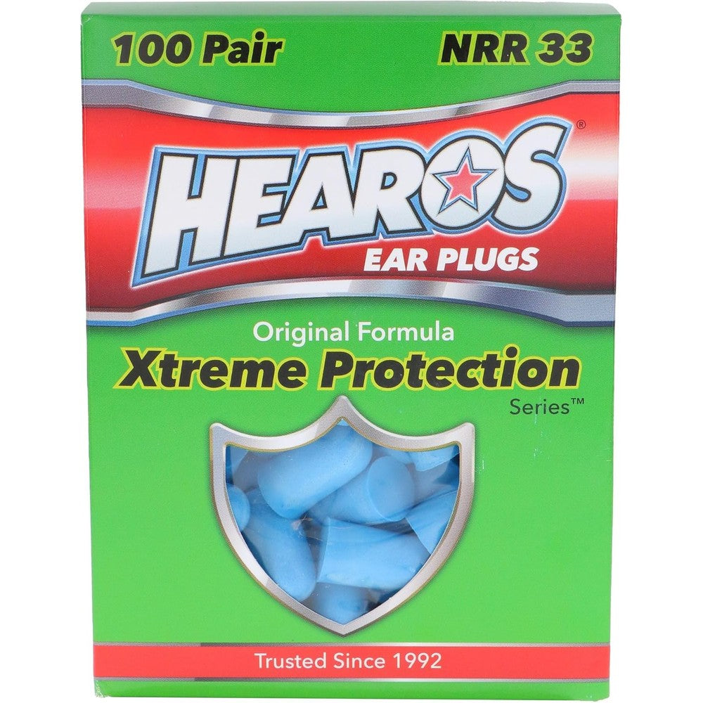 HEAROS Xtreme Foam Earplugs 100 pairs box front view showing authentic hearing protection packaging.