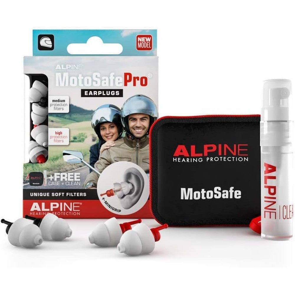 Alpine MotoSafe Pro premium motorcycle ear plugs front packaging view showing tour and race sets