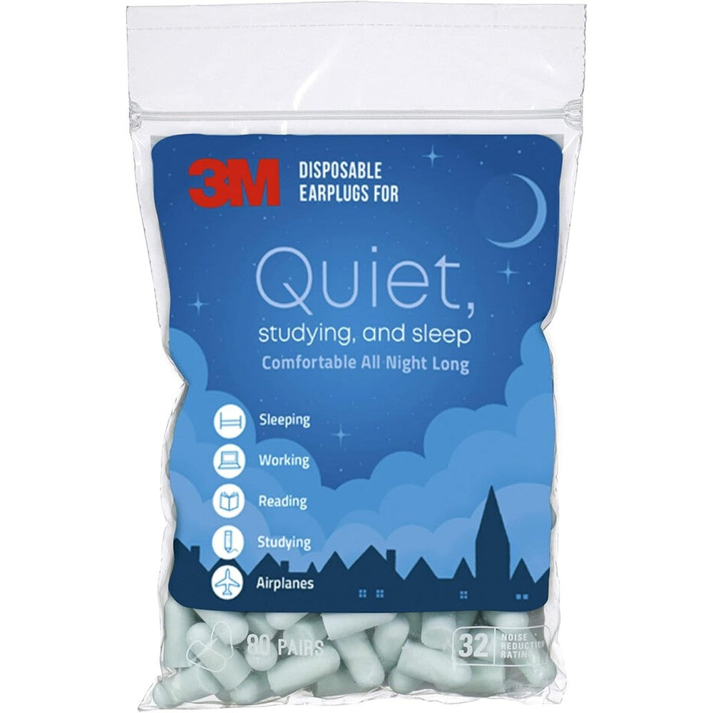 3M Disposable Earplugs front view of resealable packaging bag showcasing 80 pairs for sleeping and studying.