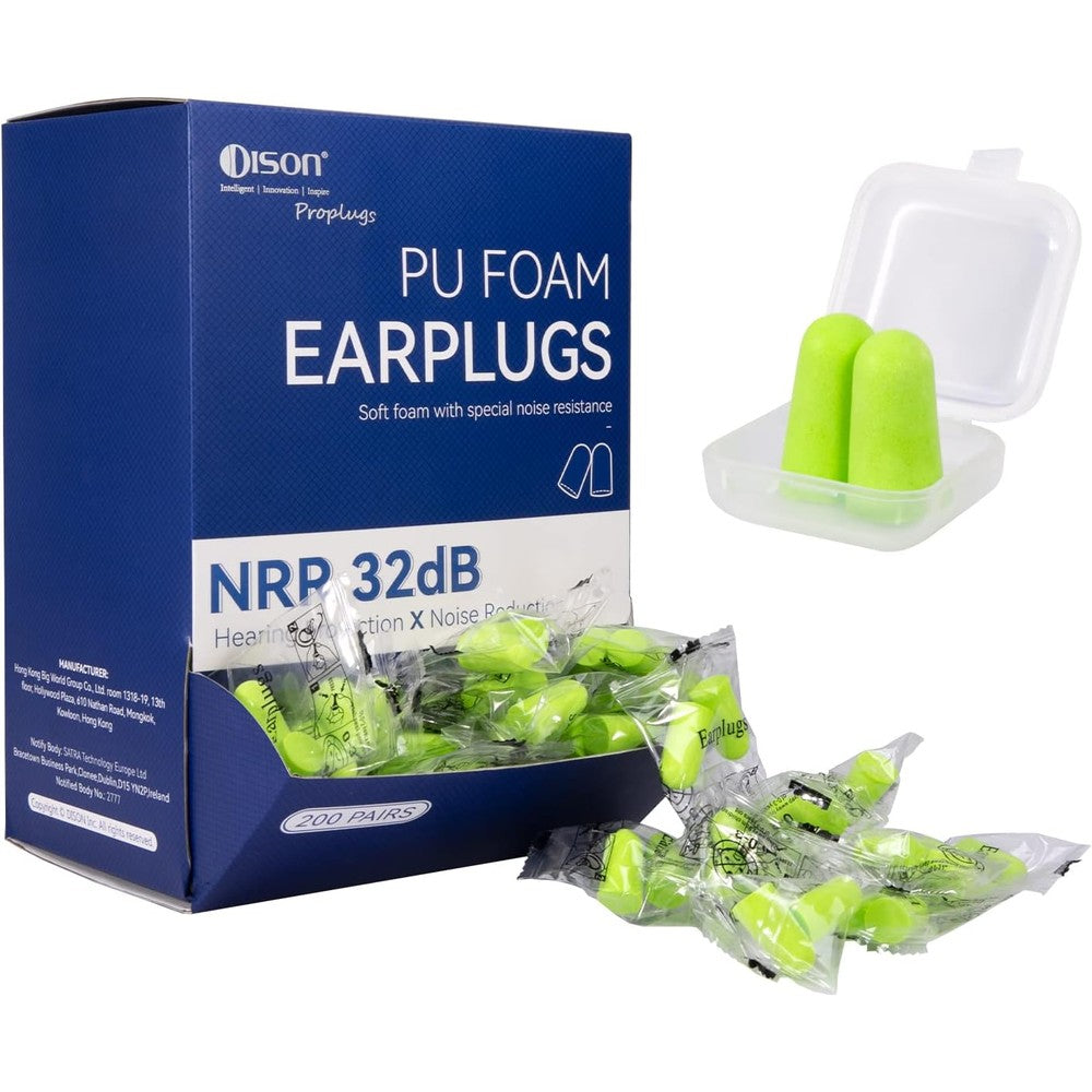 Dison Proplugs foam earplugs front view of bulk packaging box with green ear plugs
