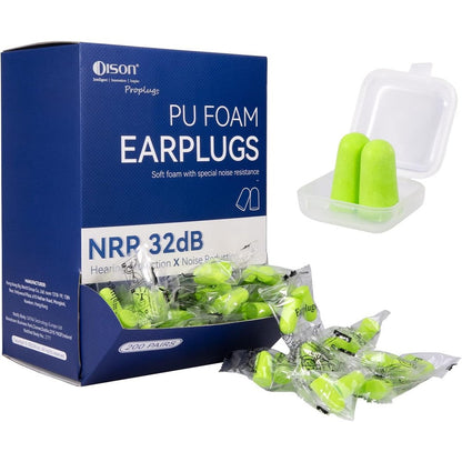 Dison Proplugs foam earplugs front view of bulk packaging box with green ear plugs