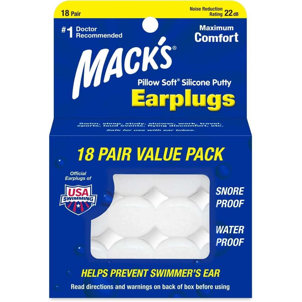 Mack's Pillow Soft Silicone Earplugs 18 pair value pack front packaging view