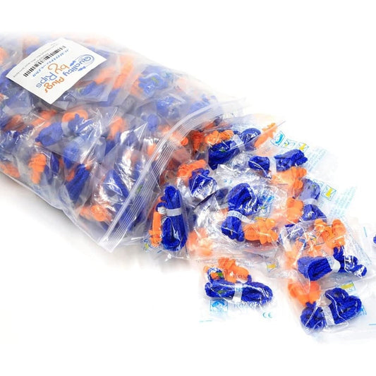 Quality Plugs by Rips reusable corded silicone earplugs front view showing orange triple flange design