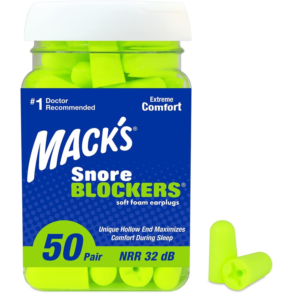 Mack's Snore Blockers soft foam earplugs front view bottle packaging