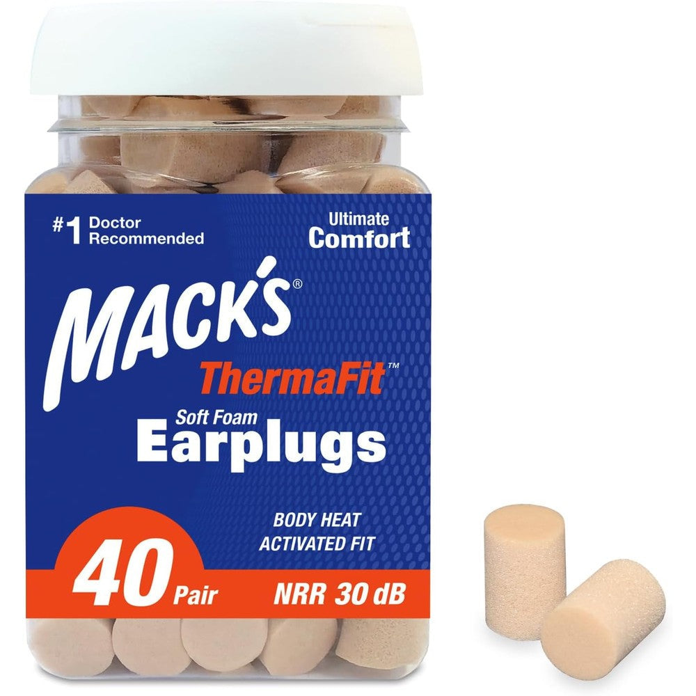 Mack's ThermaFit Soft Foam Earplugs 40 pair jar front view for sleeping noise reduction