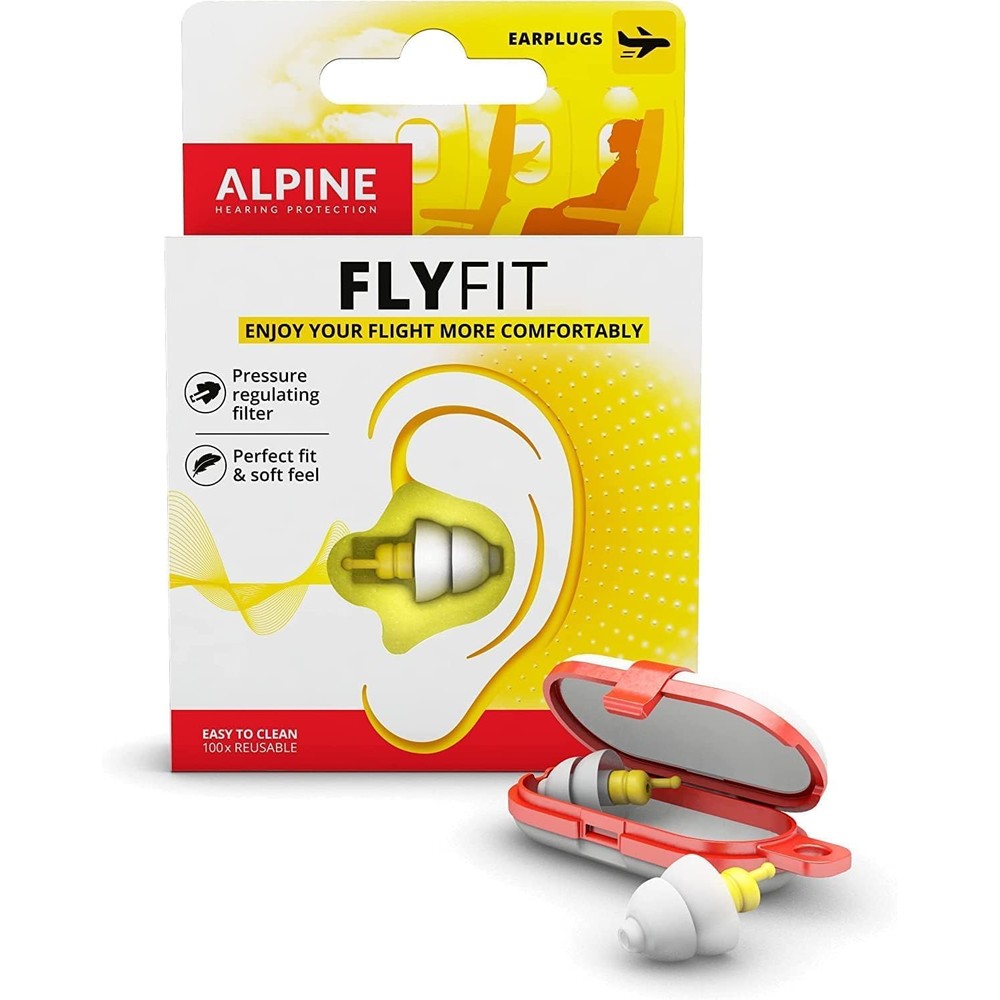 Alpine FlyFit earplugs front view with white filters and storage case