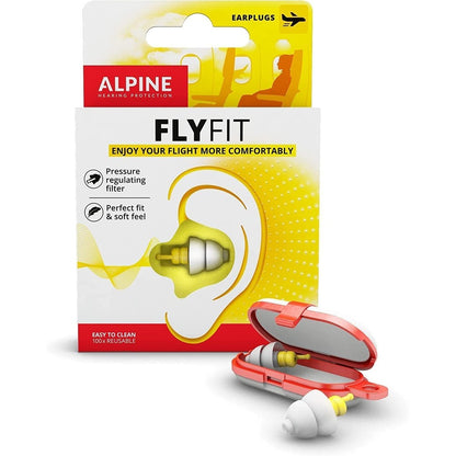 Alpine FlyFit earplugs front view with white filters and storage case