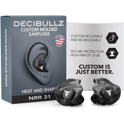 Decibullz Custom Molded Earplugs front view showing the black thermoplastic material and premium retail packaging.