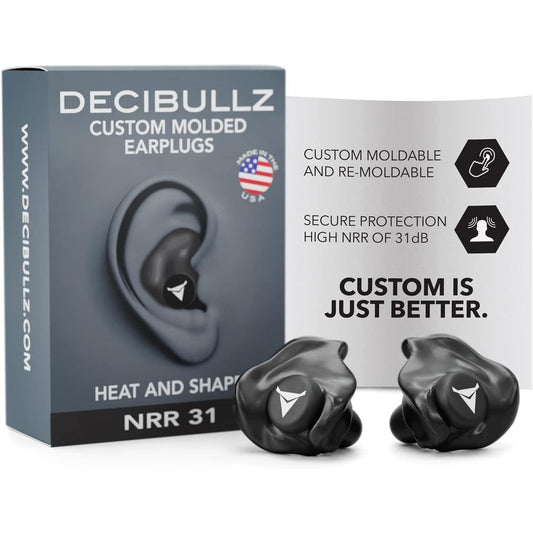 Decibullz Custom Molded Earplugs front view showing the black thermoplastic material and premium retail packaging.
