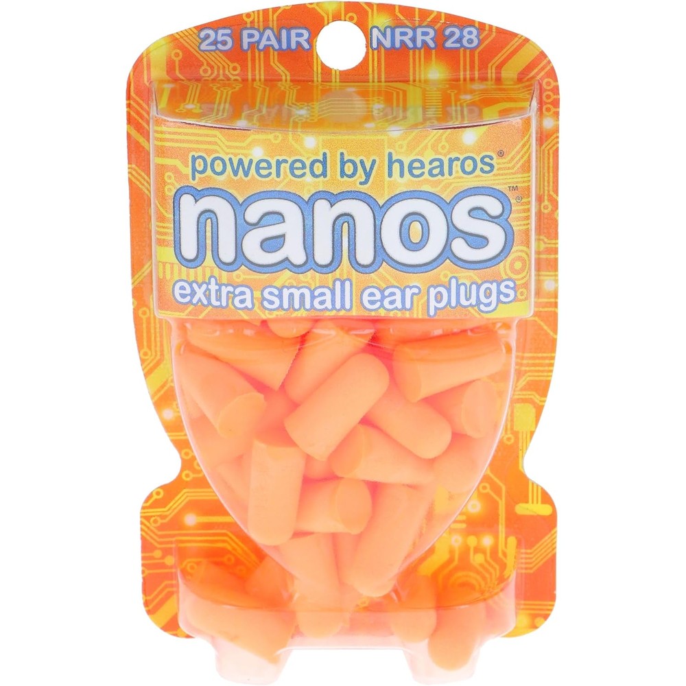 HEAROS Nanos extra small noise cancelling foam ear plugs front packaging view showing orange earplugs