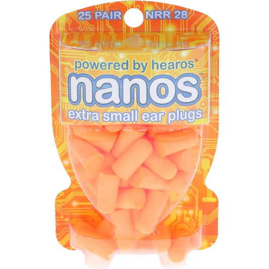 HEAROS Nanos extra small noise cancelling foam ear plugs front packaging view showing orange earplugs