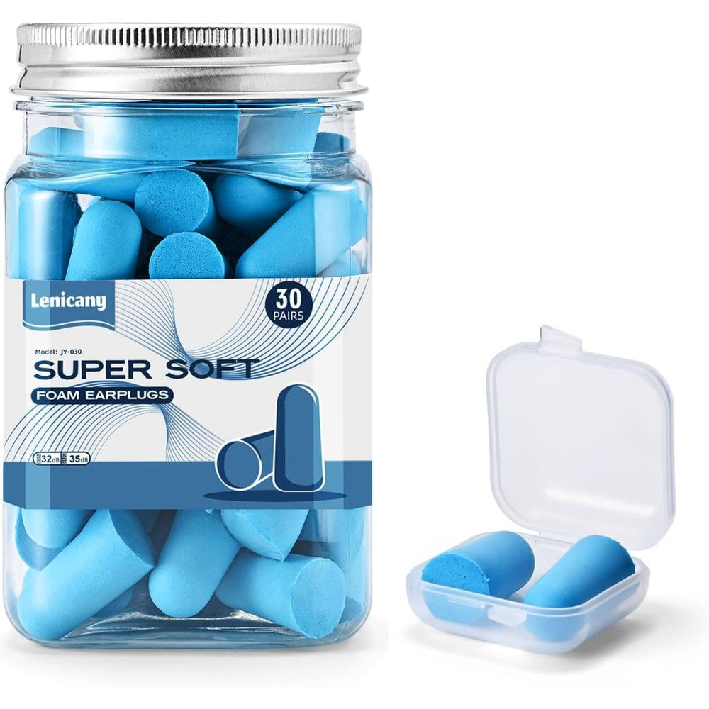 Lenicany soft foam earplugs 30 pair jar front view showing blue noise cancelling ear plugs