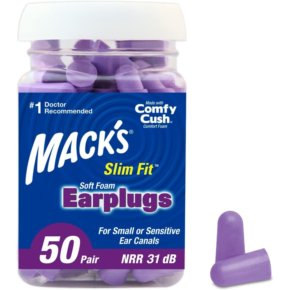 Mack's Slim Fit Soft Foam Earplugs 50 pair jar front view for noise reduction