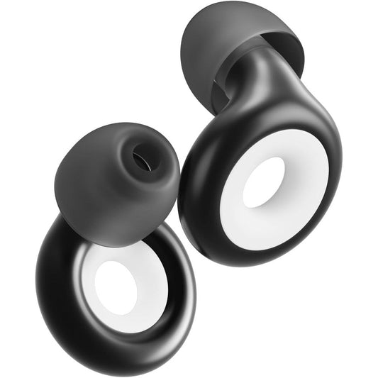 Loop Experience 2 Plus high fidelity ear plugs front view in black color.