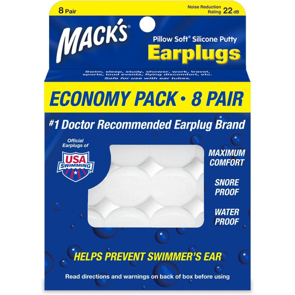 Mack's Pillow Soft Silicone Earplugs 8 pair pack front view for noise reduction
