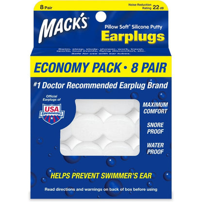 Mack's Pillow Soft Silicone Earplugs 8 pair pack front view for noise reduction