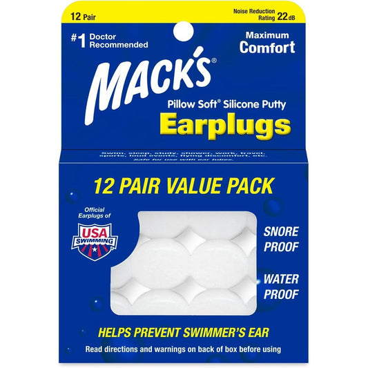 Mack's Pillow Soft Silicone Earplugs twelve pair value pack front view showing white moldable putty