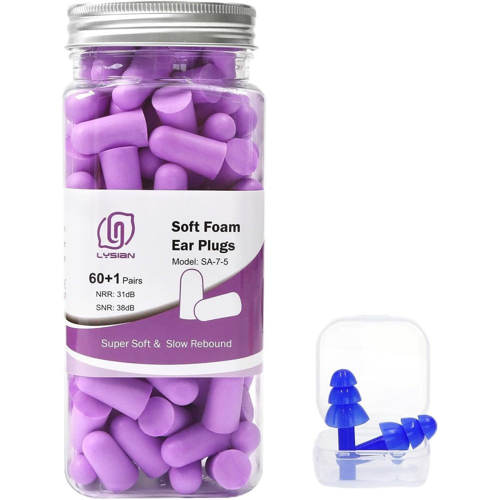 Lysian ultra soft foam earplugs purple front view container