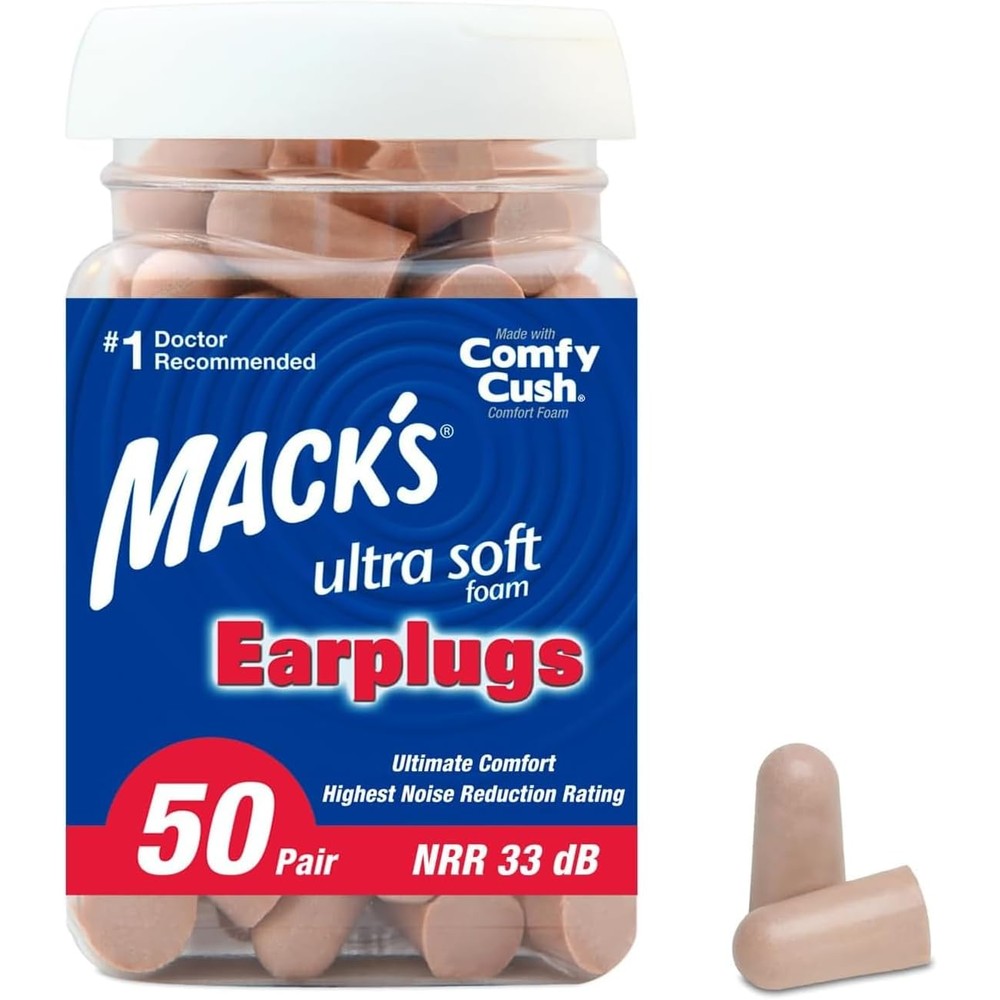 Mack's foam earplugs front view in clear jar packaging