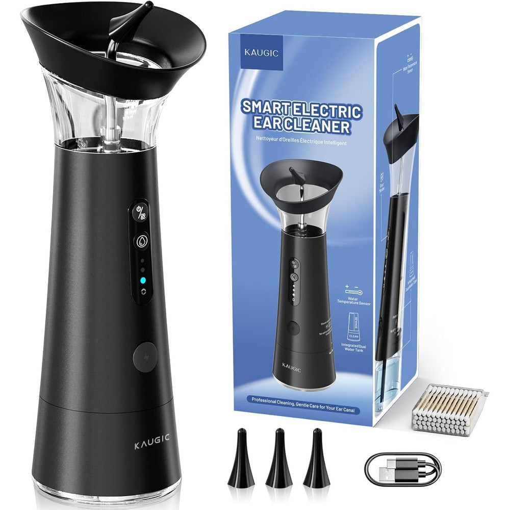 KAUGIC electric ear wax removal kit black front view showcasing sleek handheld design.