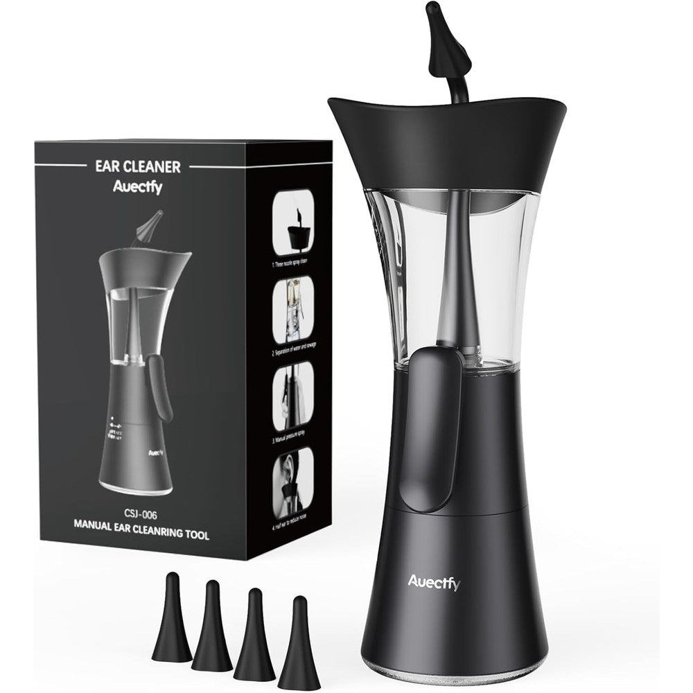 Auectfy Manual Ear Wax Removal Kit front view showing the premium black irrigation device