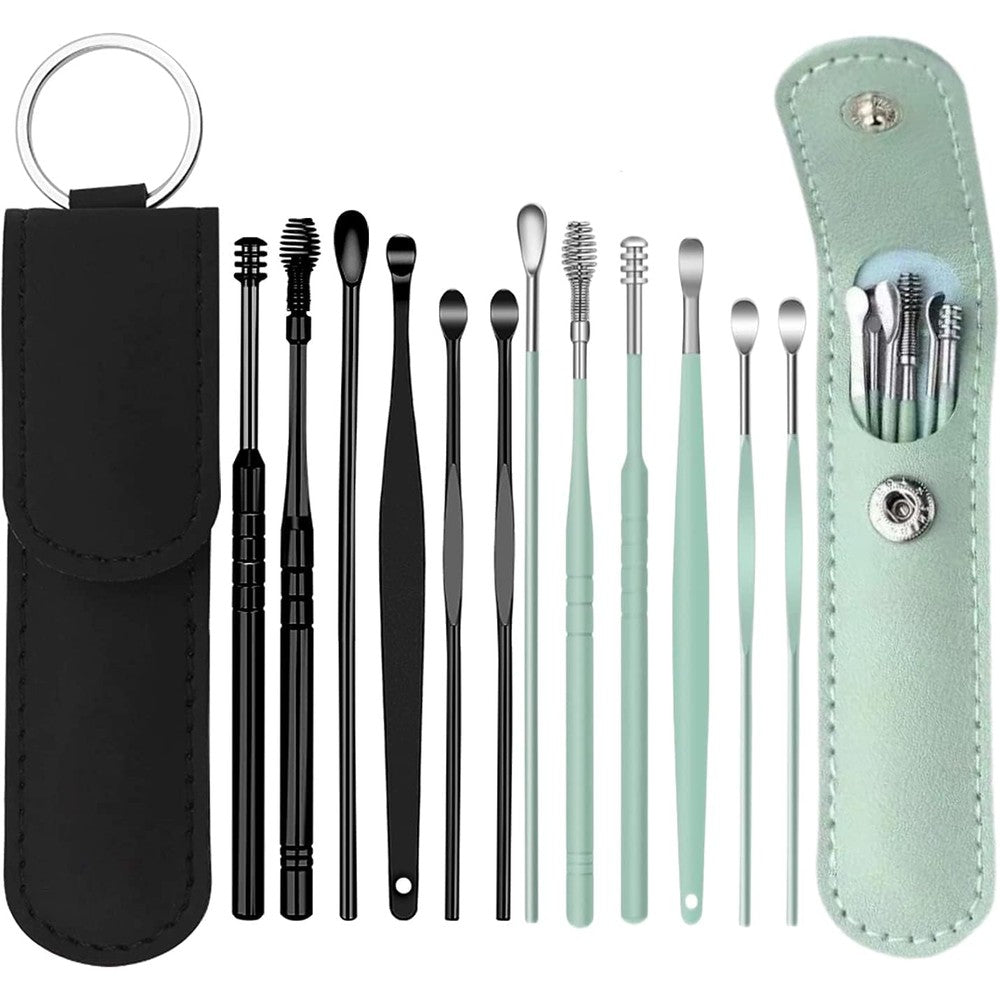 Voitead 12 Piece Earwax Removal Kit front view with leather storage pouch
