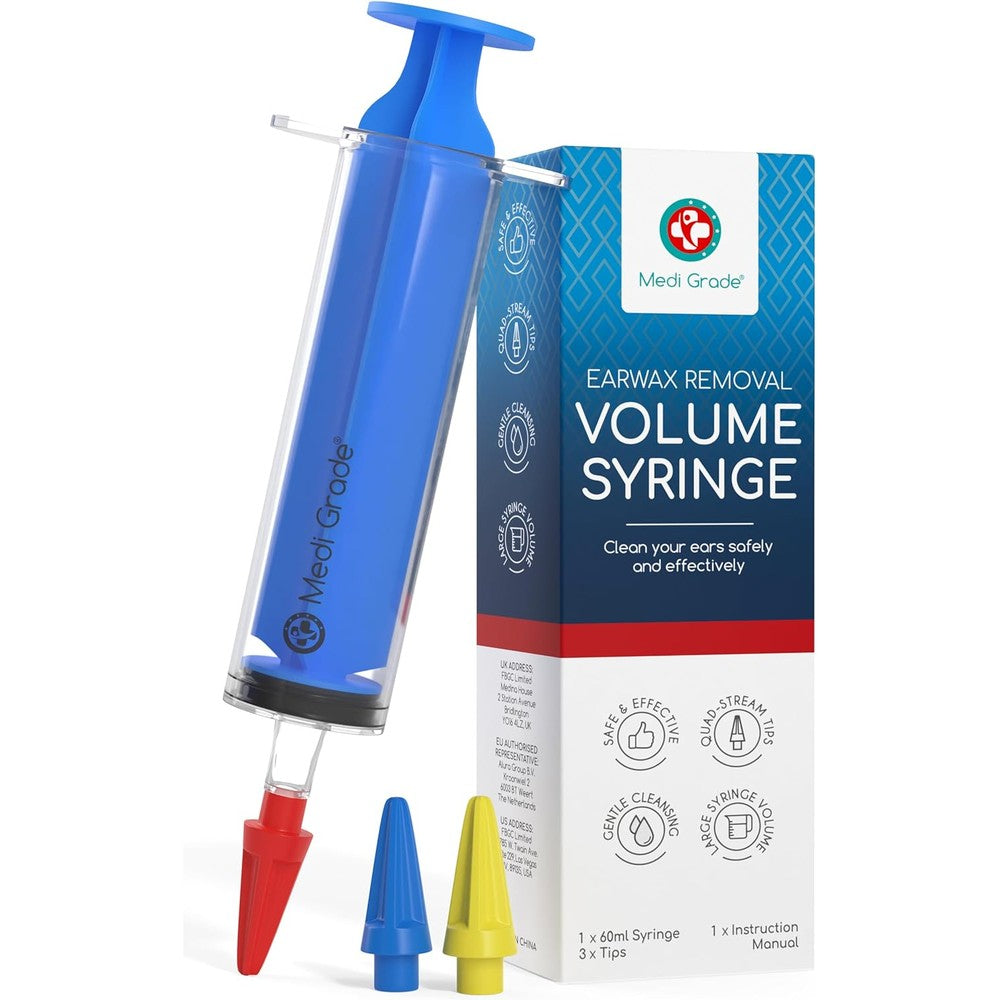 Medi Grade Ear Syringe Kit front view showing 60ml syringe and tips for earwax removal.
