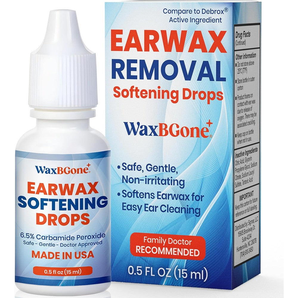 WaxBgone Ear Wax Removal Drops 0.5 Fluid Ounce bottle front view for ear cleaning.