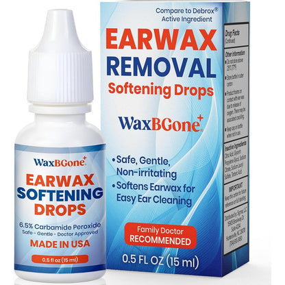 WaxBgone Ear Wax Removal Drops 0.5 Fluid Ounce bottle front view for ear cleaning.