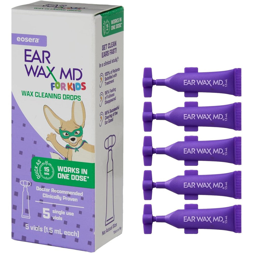 Eosera Ear Wax MD for Kids 5-pack vials front view pediatric ear care