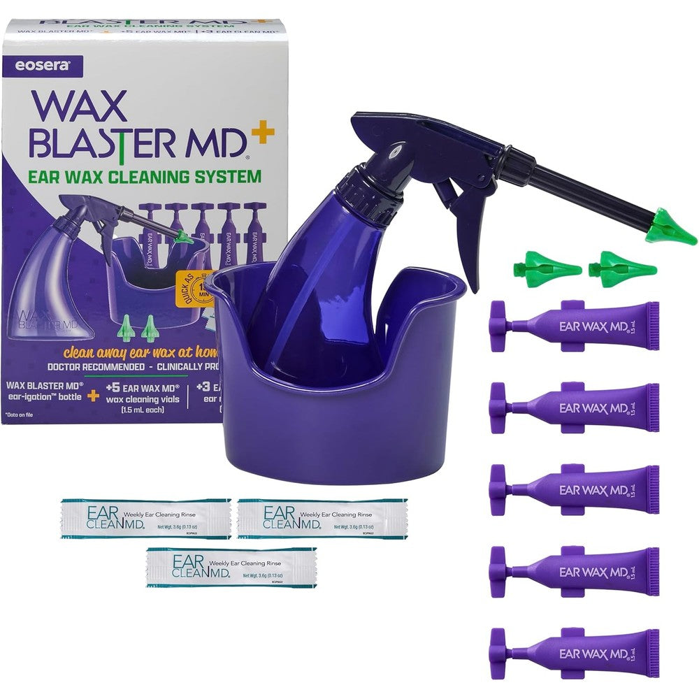Eosera Wax Blaster MD Plus Earwax Removal Kit packaging showing the blue spray bottle and wash basin front view