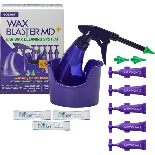 Eosera Wax Blaster MD Plus Earwax Removal Kit packaging showing the blue spray bottle and wash basin front view