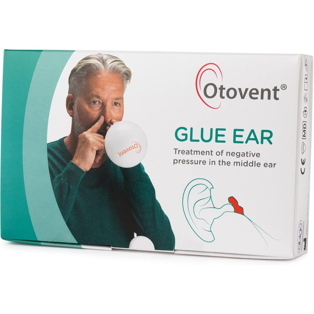 Otovent Adult Autoinflation Device front view of packaging showcasing the nasal applicator and specialized balloons for glue ear treatment.