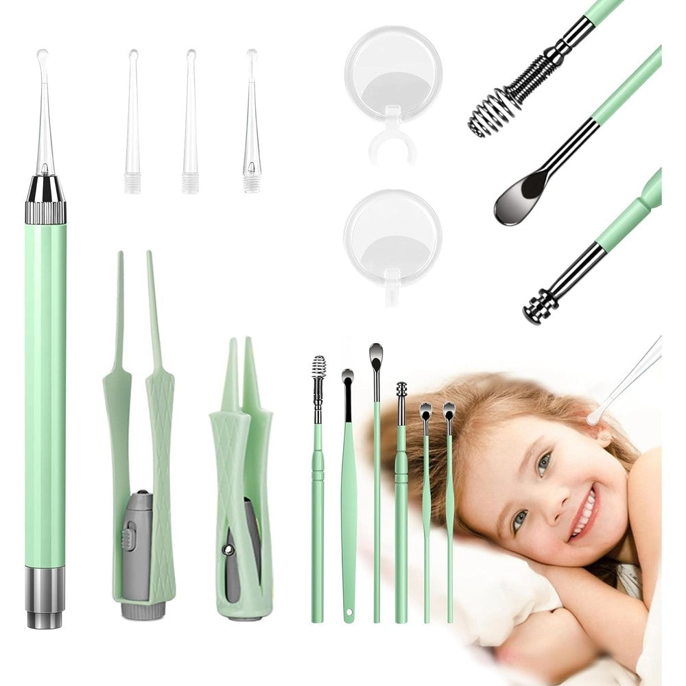 Belleshow 15 Pack Ear Wax Removal Kit front view with LED light on.